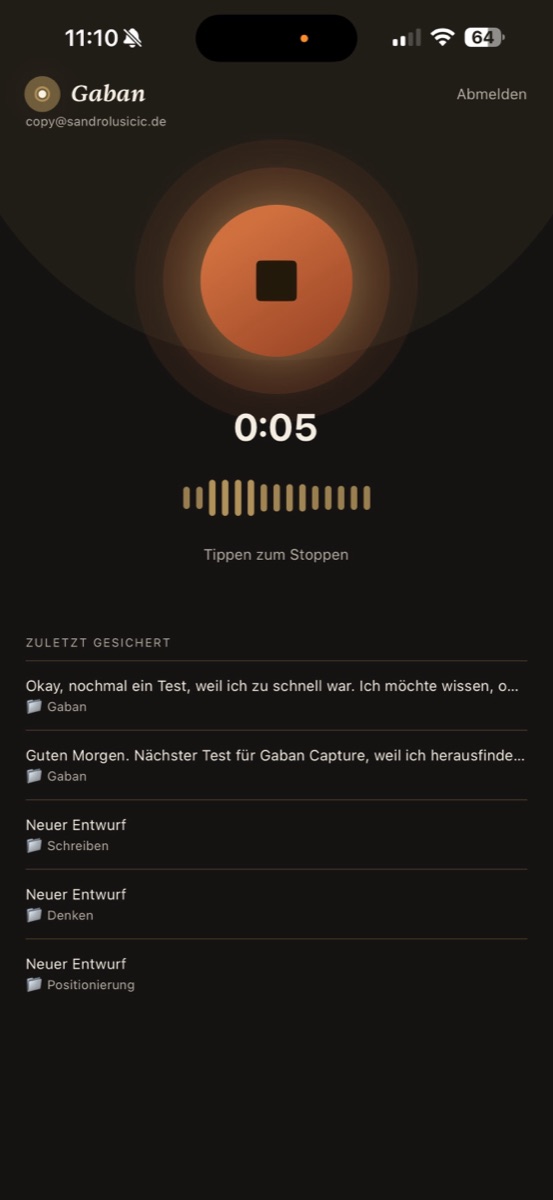 Gaban Capture — Aufnahme läuft, Idee wird eingesprochen