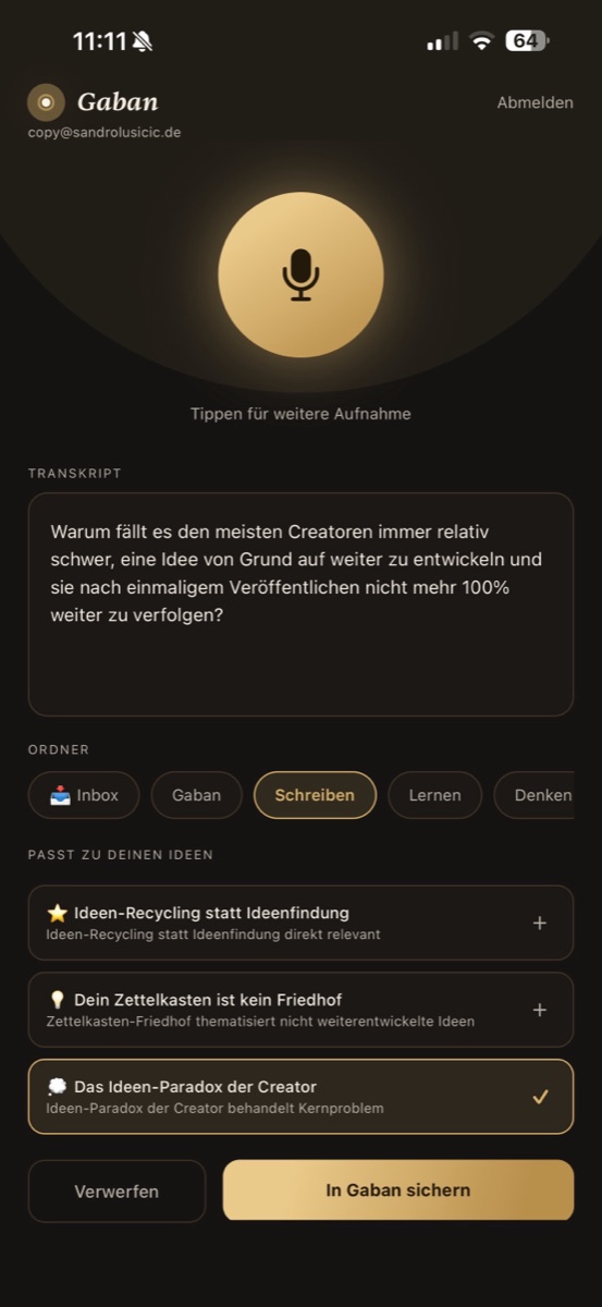 Gaban Capture — Transkript wird passenden Ideen im Workspace zugeordnet